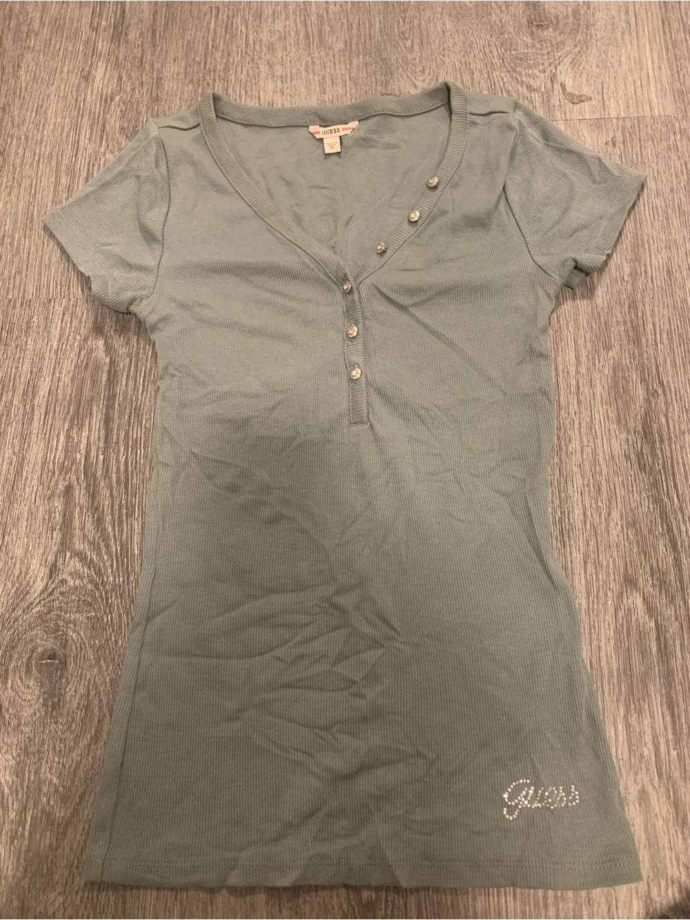 Guess Short Sleeve Henley Top in Sage Green